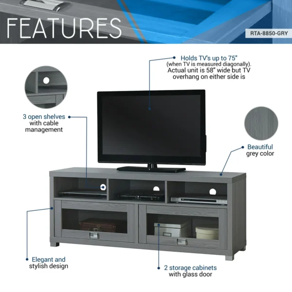 Techni Mobili 58" Durbin TV Stand for TVs up to 75", Gray - Image 4