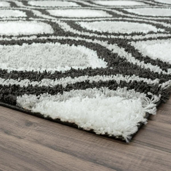 Contemporary 4x6 Area Rug Shag Thick (4' x 5'3'') Geometric White, Silver Indoor Rectangle Easy to Clean - Image 3